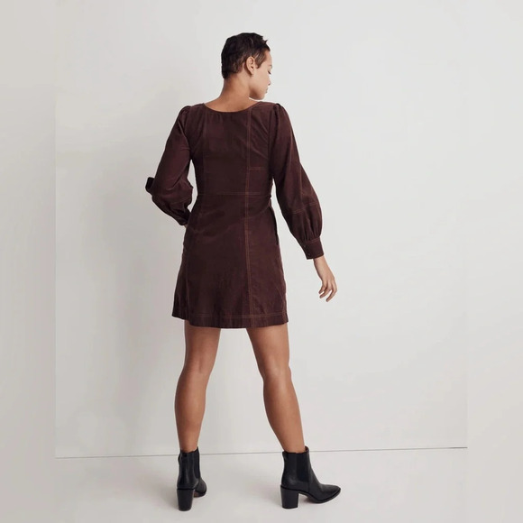 Madewell Corduroy Seamed Long-Sleeve Mini Dress in Chocolate Raisin color SZ 0 P - Picture 2 of 13